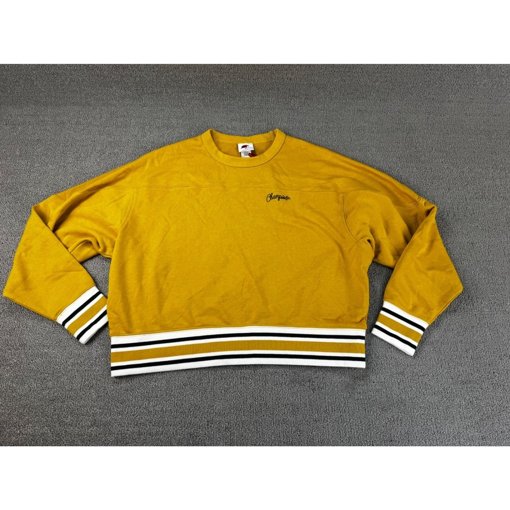 Champion Womens Mustard Yellow Striped Ribbed Cropped Crewneck Sweatshirt XL NWT